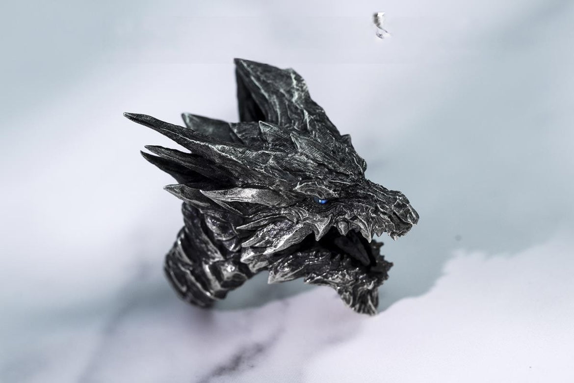 Original Handmade Men's Ring Monster Hunter Steel Dragon Silver Plated Moonstone Movable Niche Design High-end Jewelry