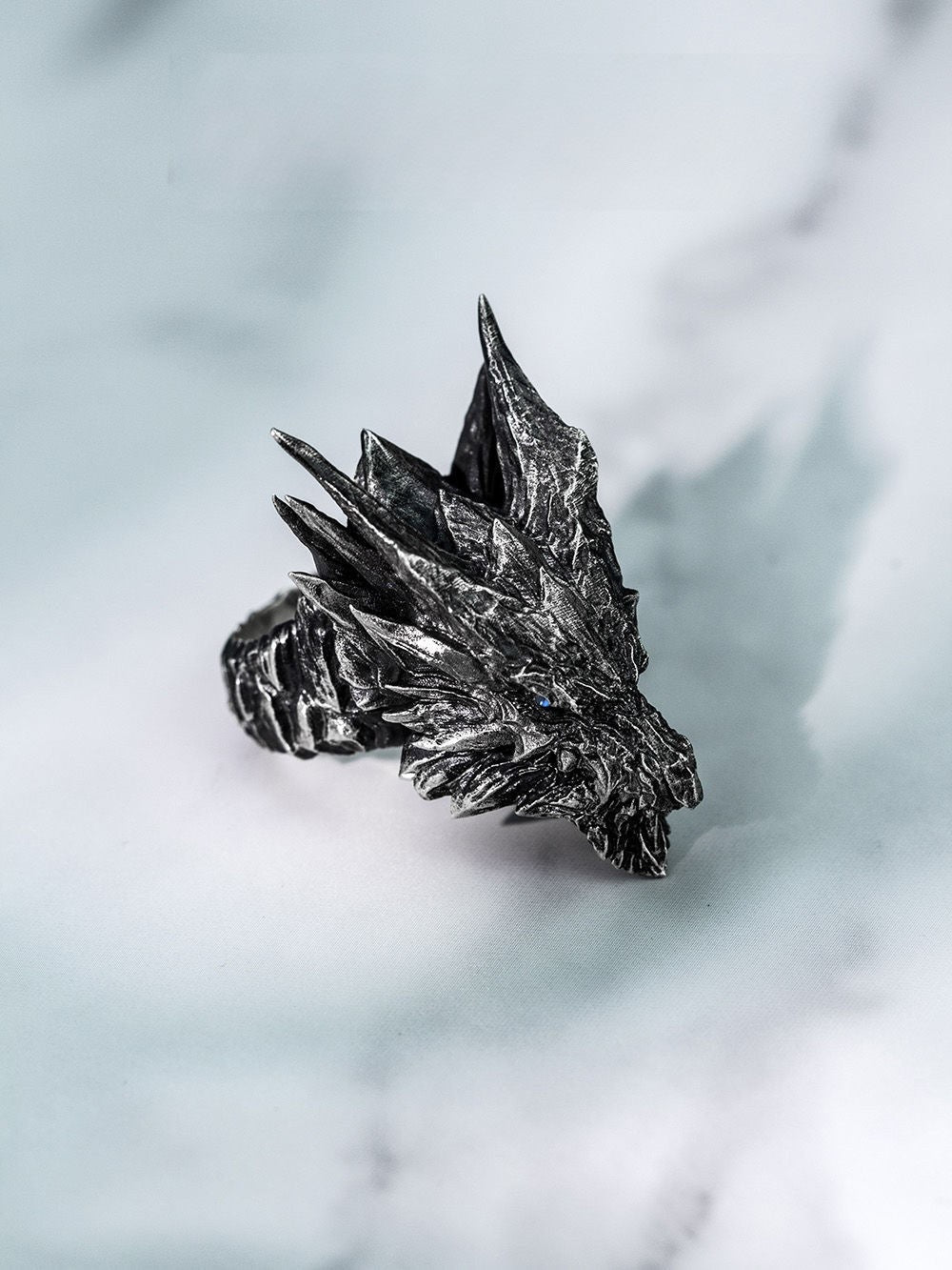 Original Handmade Men's Ring Monster Hunter Steel Dragon Silver Plated Moonstone Movable Niche Design High-end Jewelry