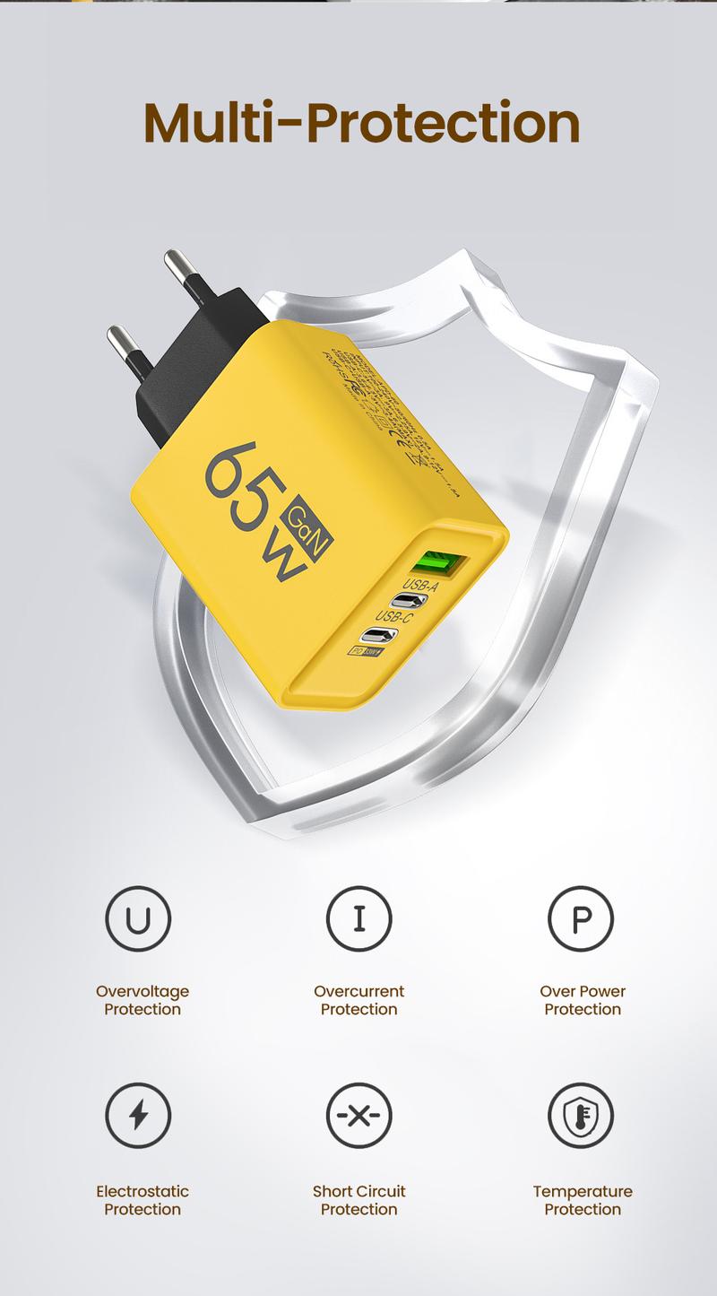 Elough Charger 65W multi port plug USB port charger QC3.0 fast charging suitable for Apple 15, Huawei, Samsung, Xiaomi phone charging head Cellphone Smartphone