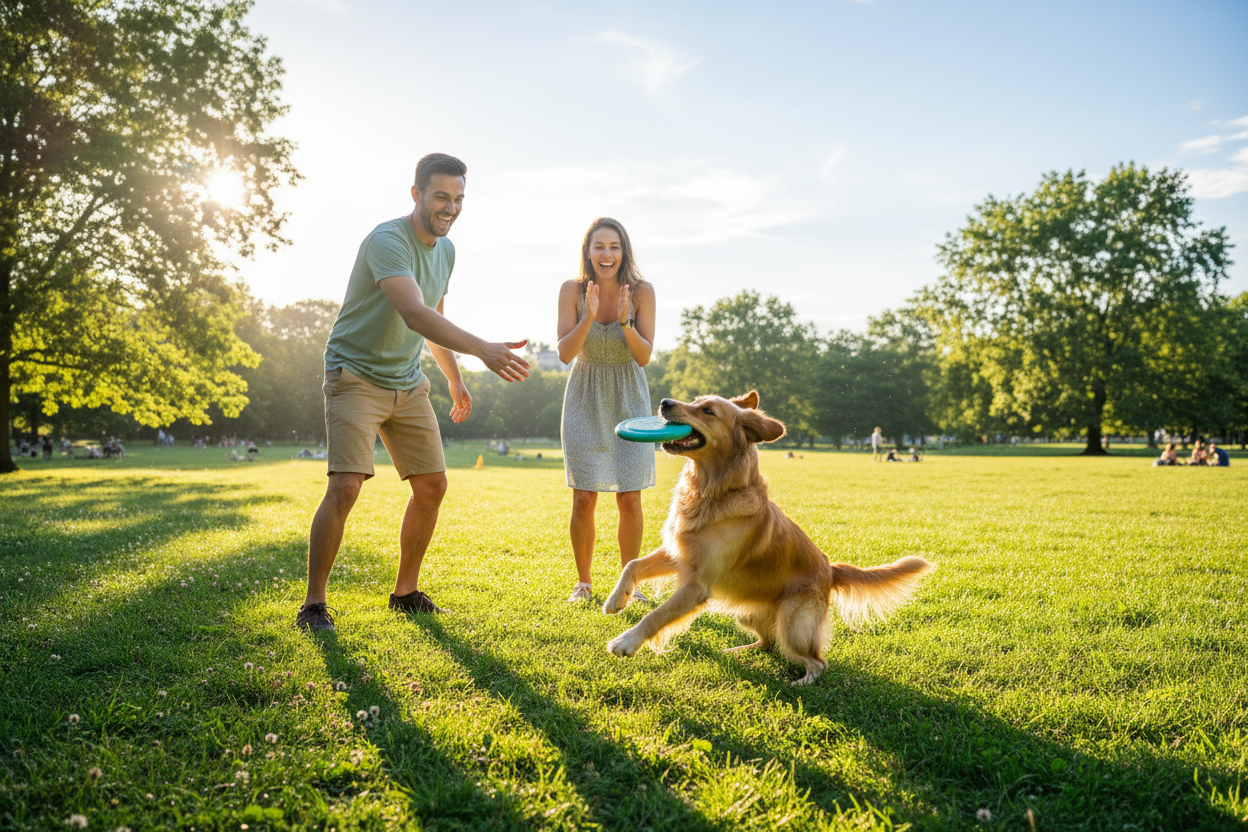 一对情侣在户外与狗一起玩耍，丢飞盘，狗用嘴接住