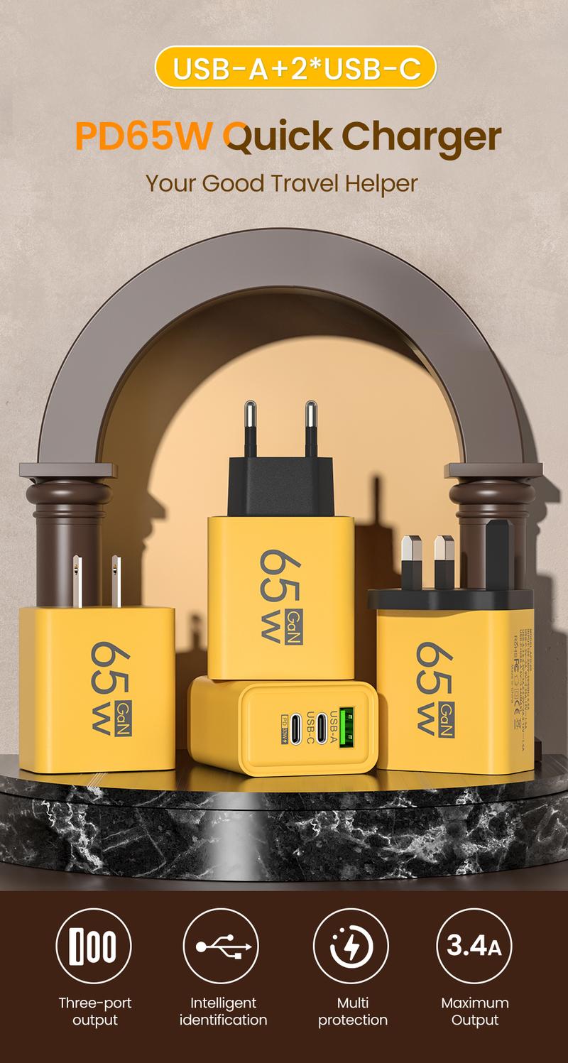 Elough Charger 65W multi port plug USB port charger QC3.0 fast charging suitable for Apple 15, Huawei, Samsung, Xiaomi phone charging head Cellphone Smartphone