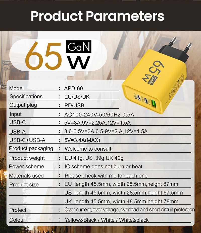 Elough Charger 65W multi port plug USB port charger QC3.0 fast charging suitable for Apple 15, Huawei, Samsung, Xiaomi phone charging head Cellphone Smartphone